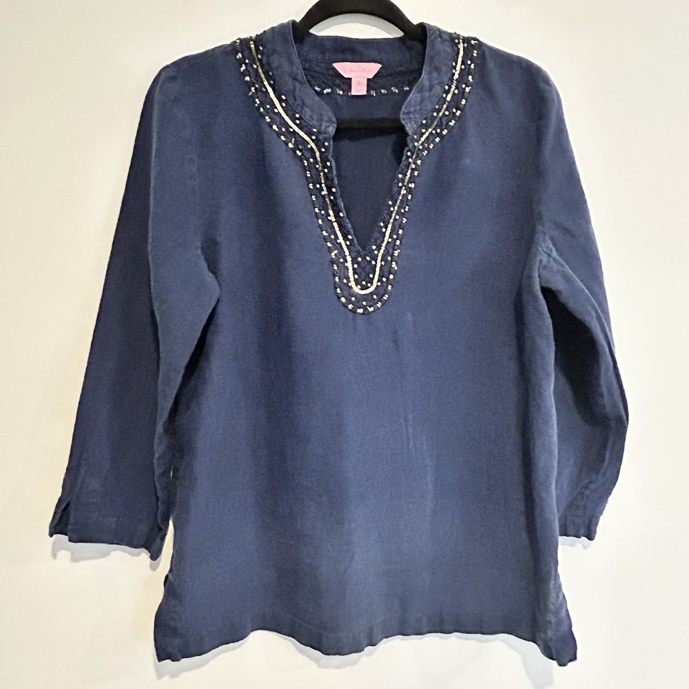 Lilly Pulitzer Coastal Classic Preppy Blue 100% Linen Sequin Tunic Top Women L